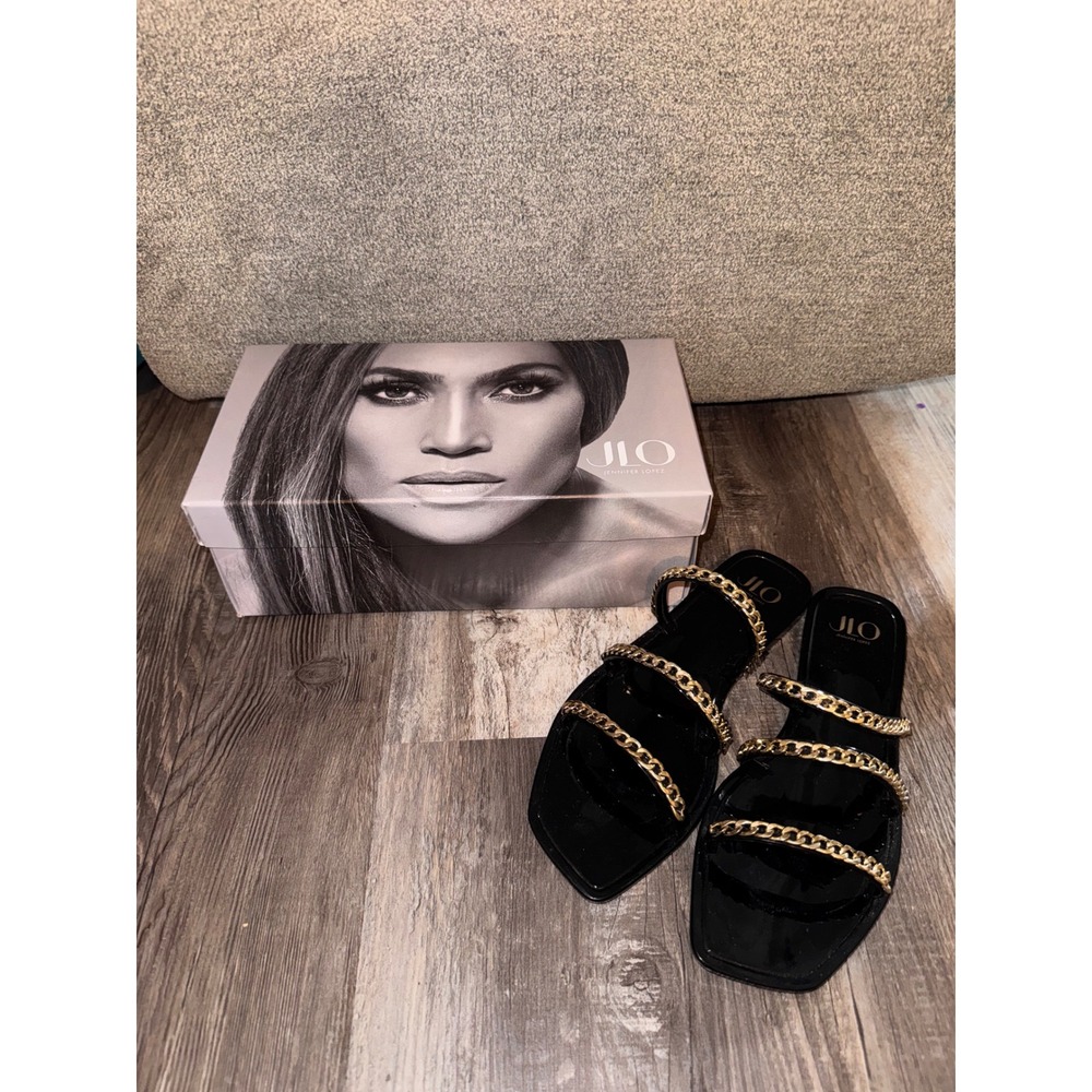 Jennifer Lopez Black Chain-Trim Slide Sandals